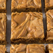 Sliced Biscoff blondie showing the swirl of Biscoff spread through the blondie.