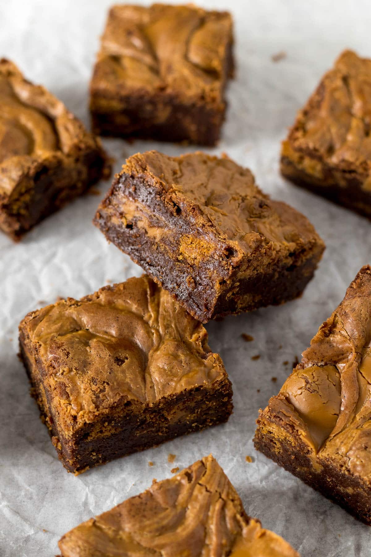 Sliced Biscoff brownie showing the cookie and biscoff swirls.
