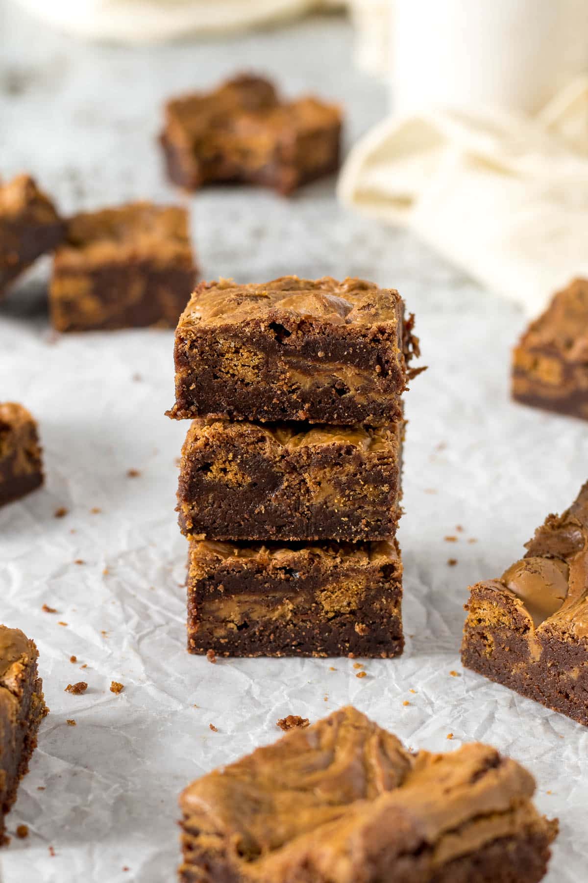 Biscoff brownies stacked on each other. 