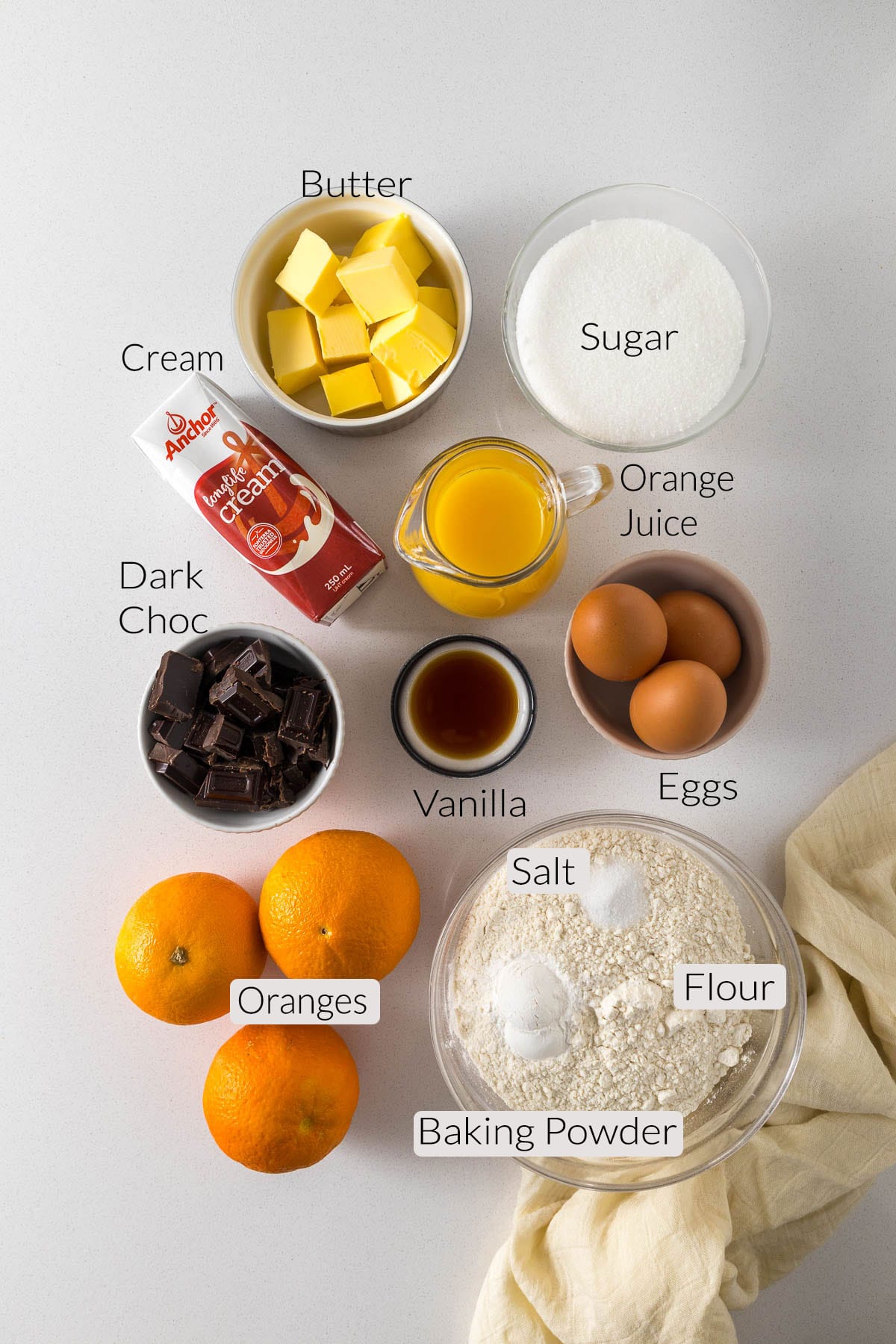 Orange chocolate cake ingredients.