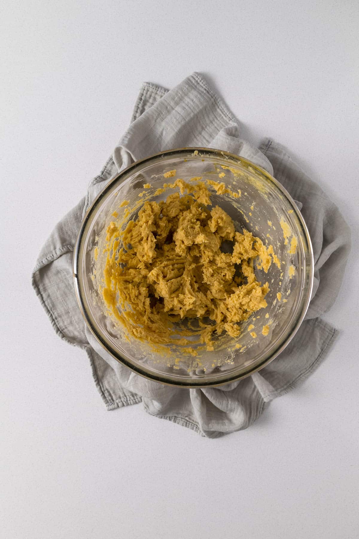 Step 3 - eggs and vanilla beaten into the butter-sugar mixture.