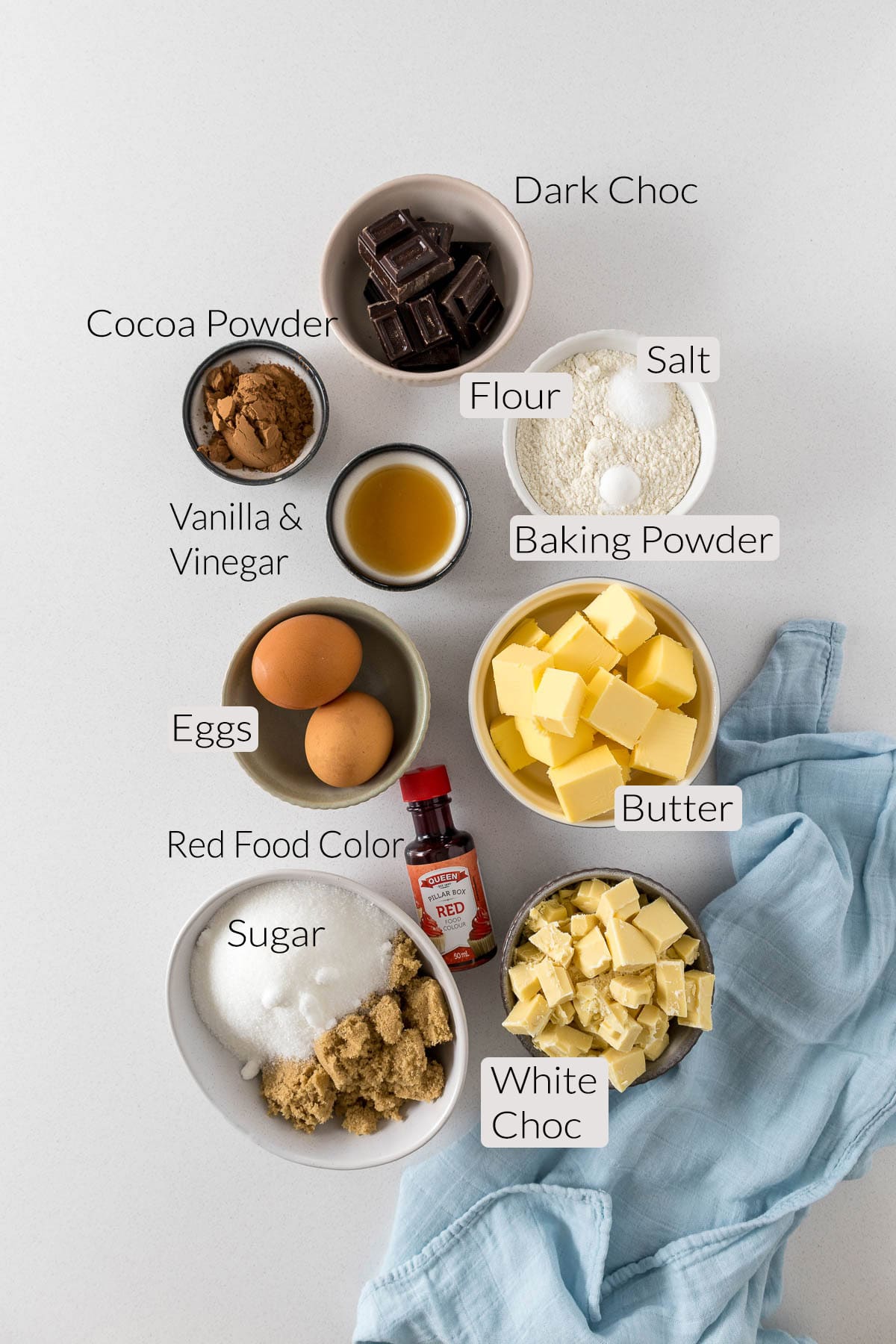 Red velvet brownies ingredients.