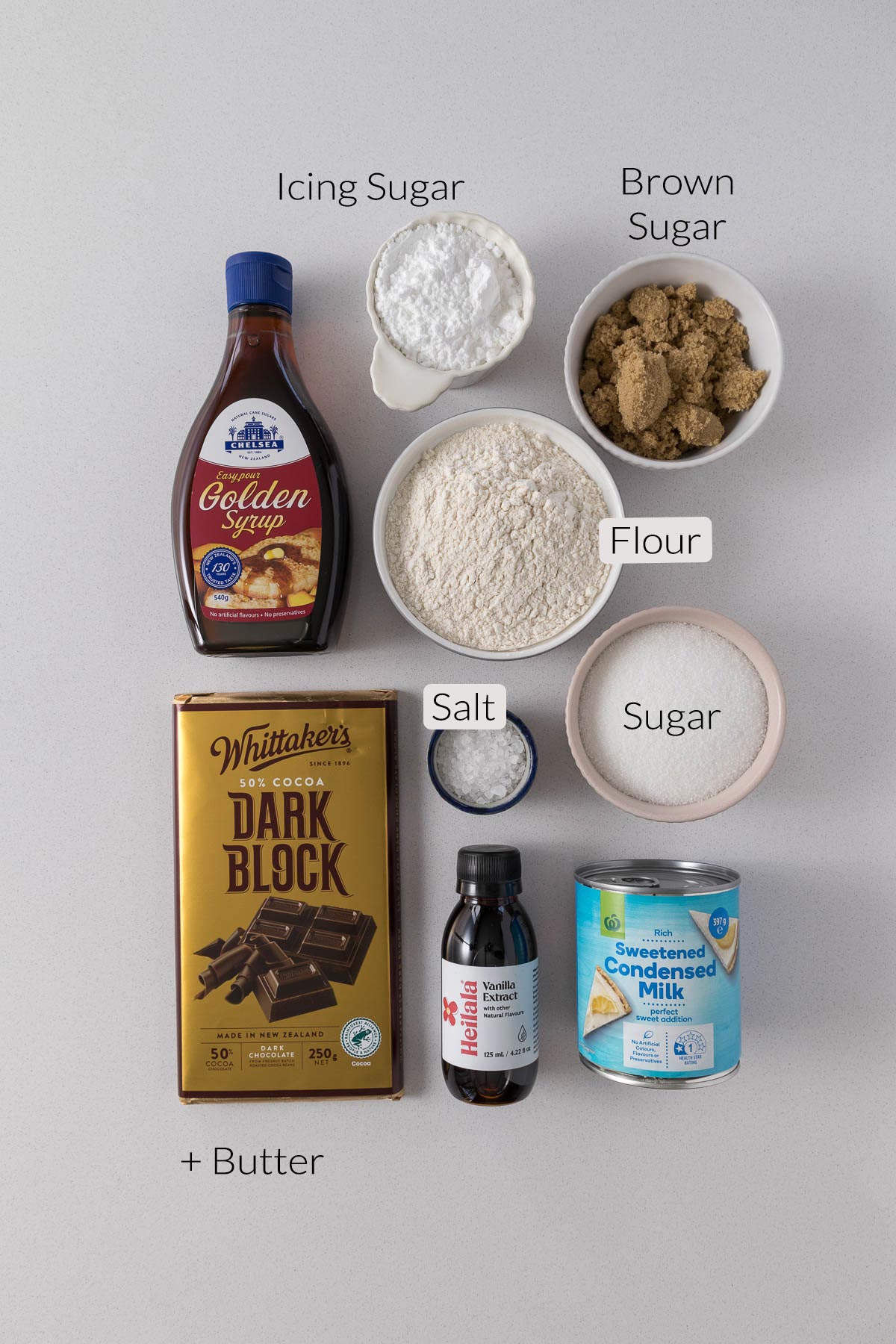 Caramel slice ingredients.