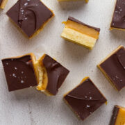 Caramel slices showing shortbread, caramel and chocolate layers.