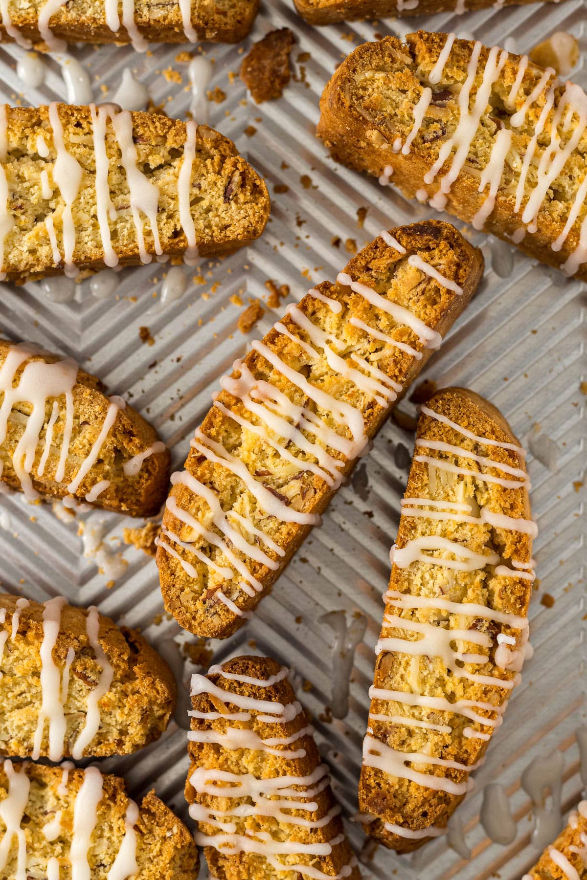 Lemon glaze drizzled over the twice-baked lemon biscotti.