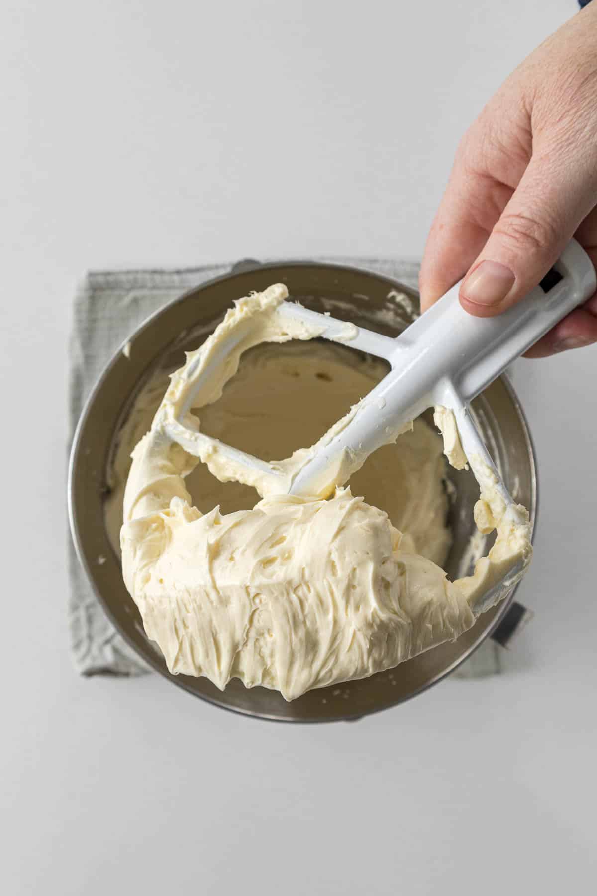 Step 7 - beaten cream cheese, sugar and lemon juice on a paddle attachment.