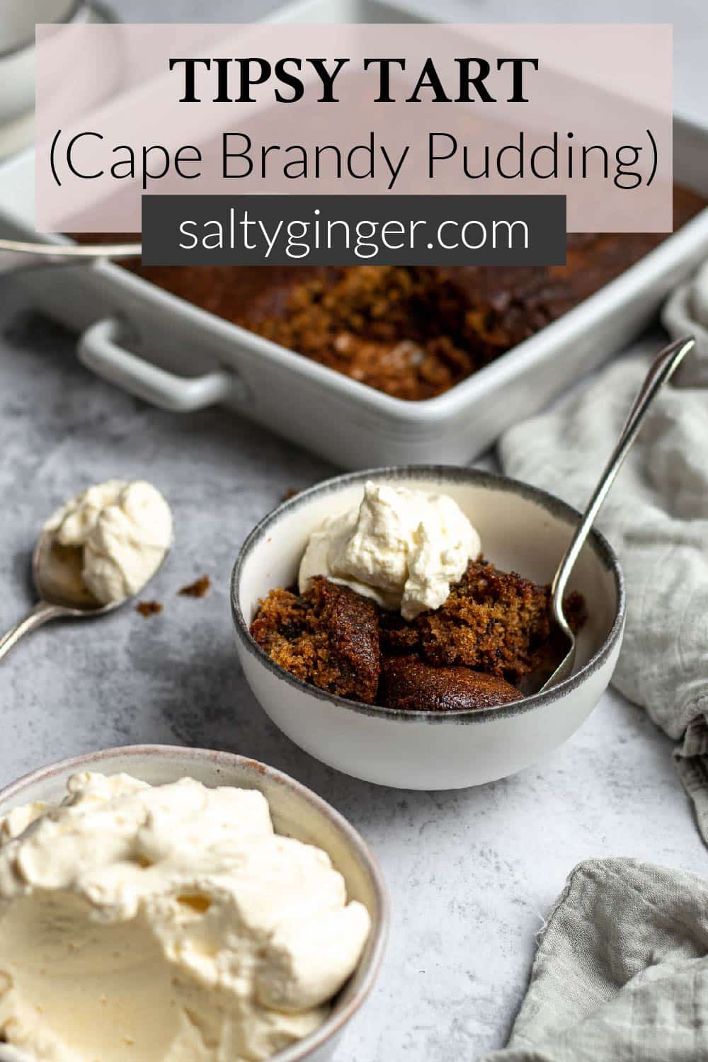 Pin - Tipsy tart dished up into a bowl with some whipped cream.
