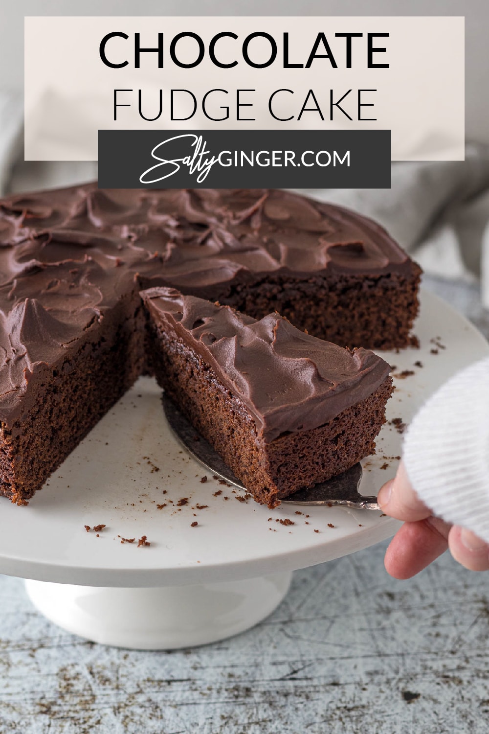Pin - Hand picking up a slice of chocolate fudge cake with a cake lifter.