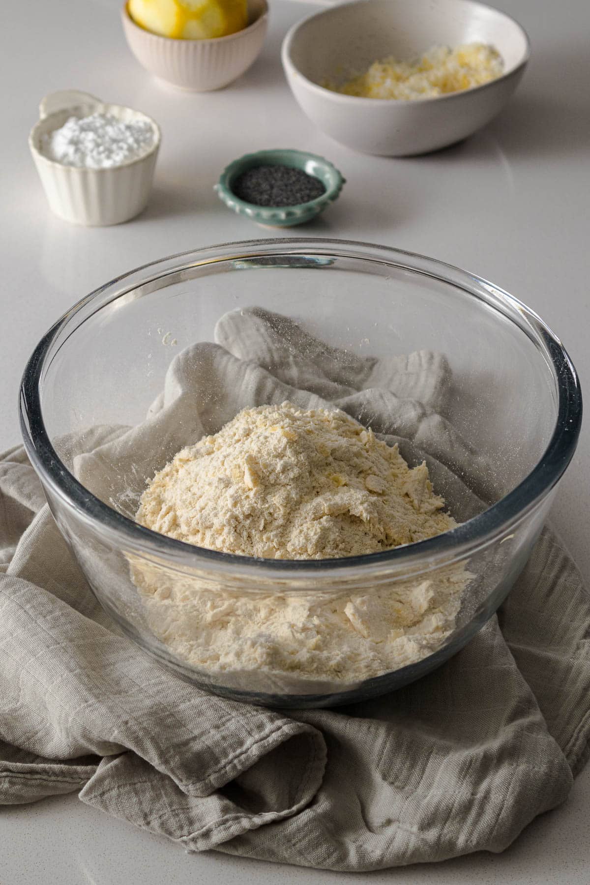Step 4 - Butter rubbed into the flour leaving only small pea-sized pieces of butter.