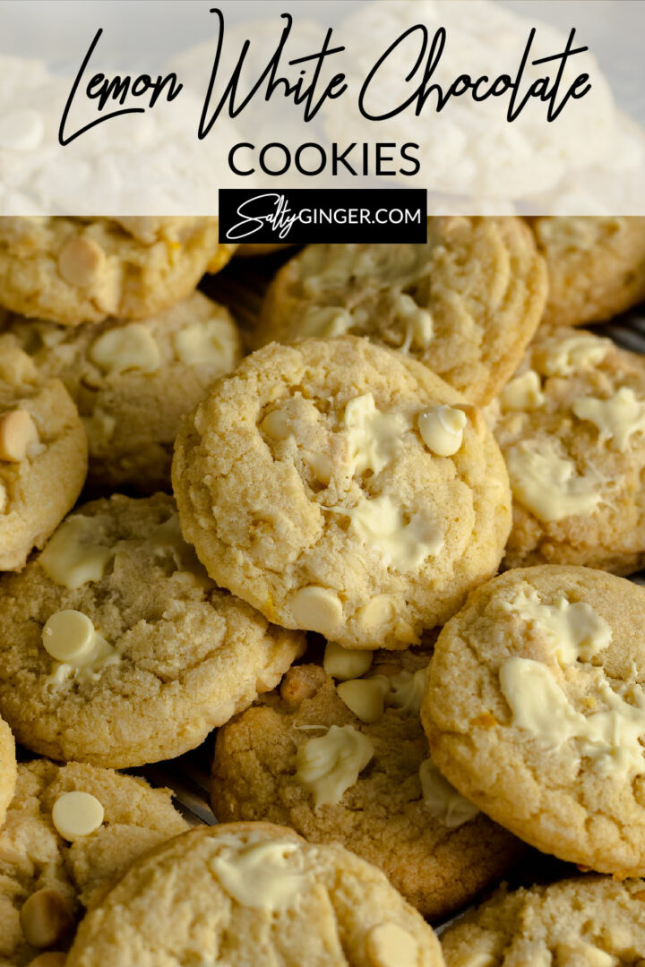 Pin - Lemon white chocolate cookies on a baking tray.