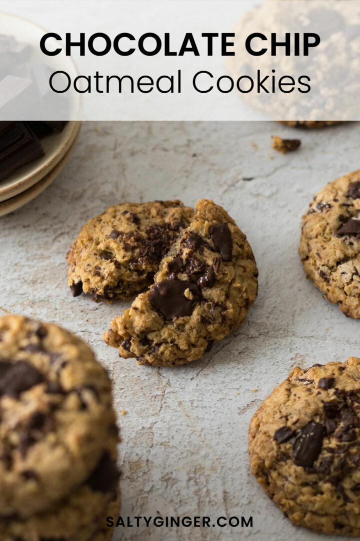 Pin - Chocolate chip oatmeal cookie broken in two.