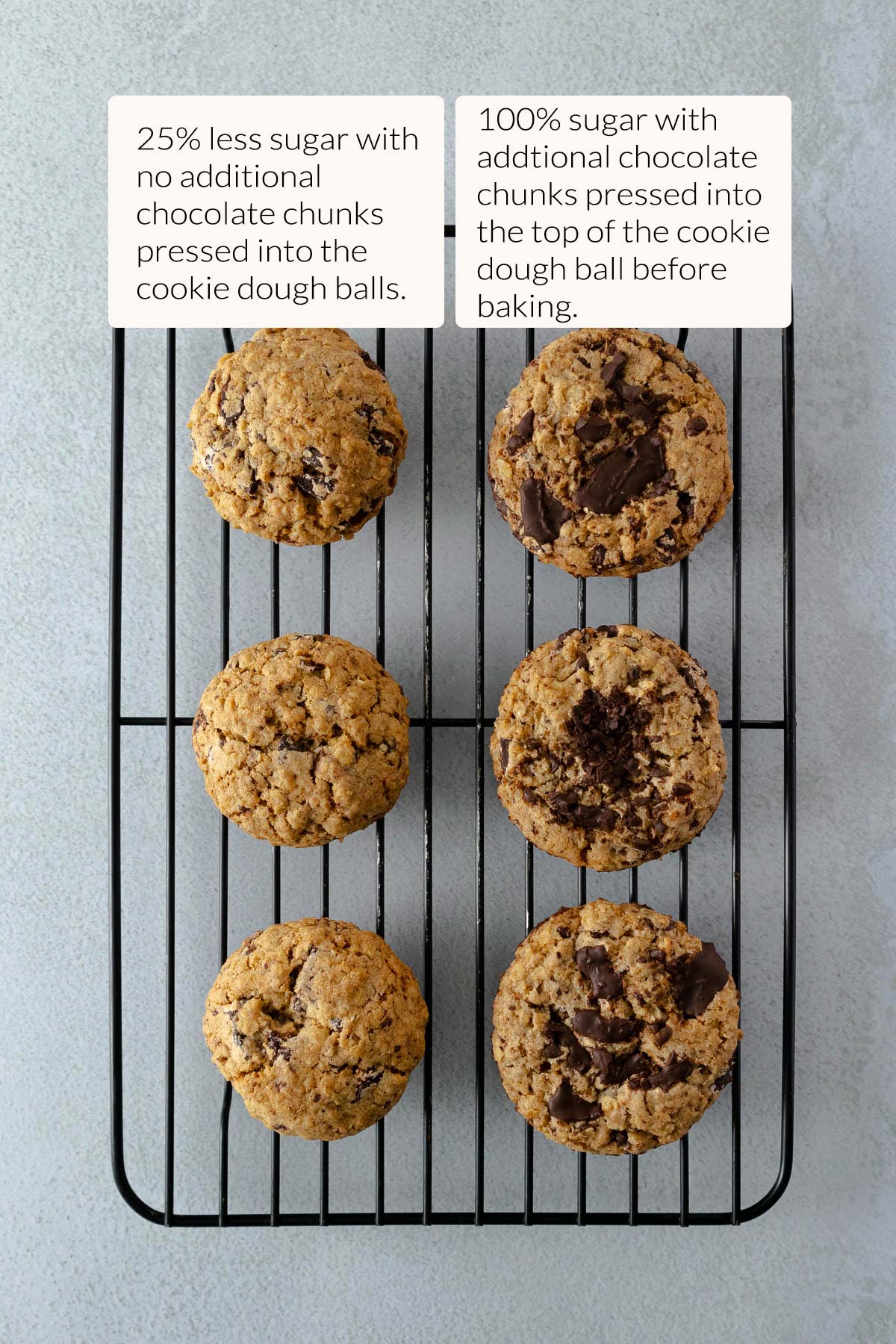 Cookies on the left have 25% less sugar and don't spread as much as the 100% sugar cookies on the right.