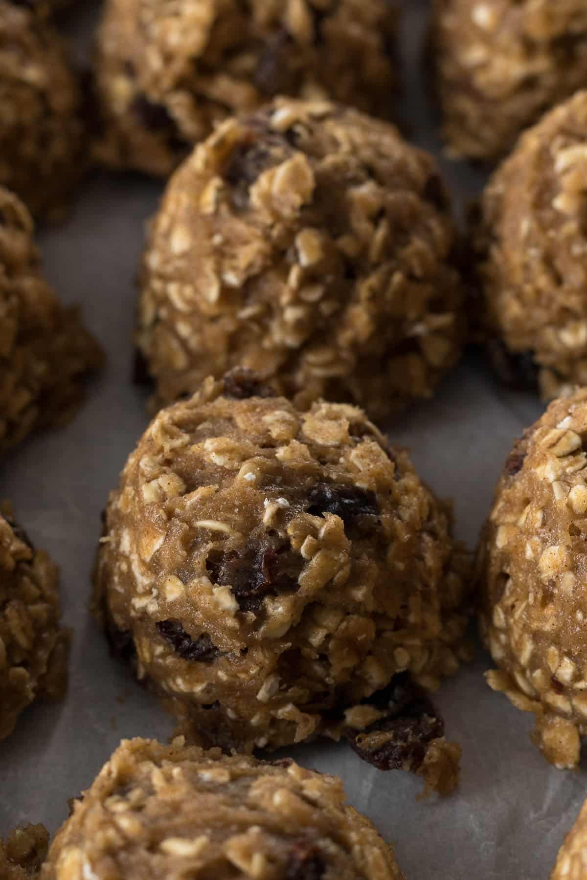 Oat and raisin cookie dough balls on parchment paper ready for chilling.