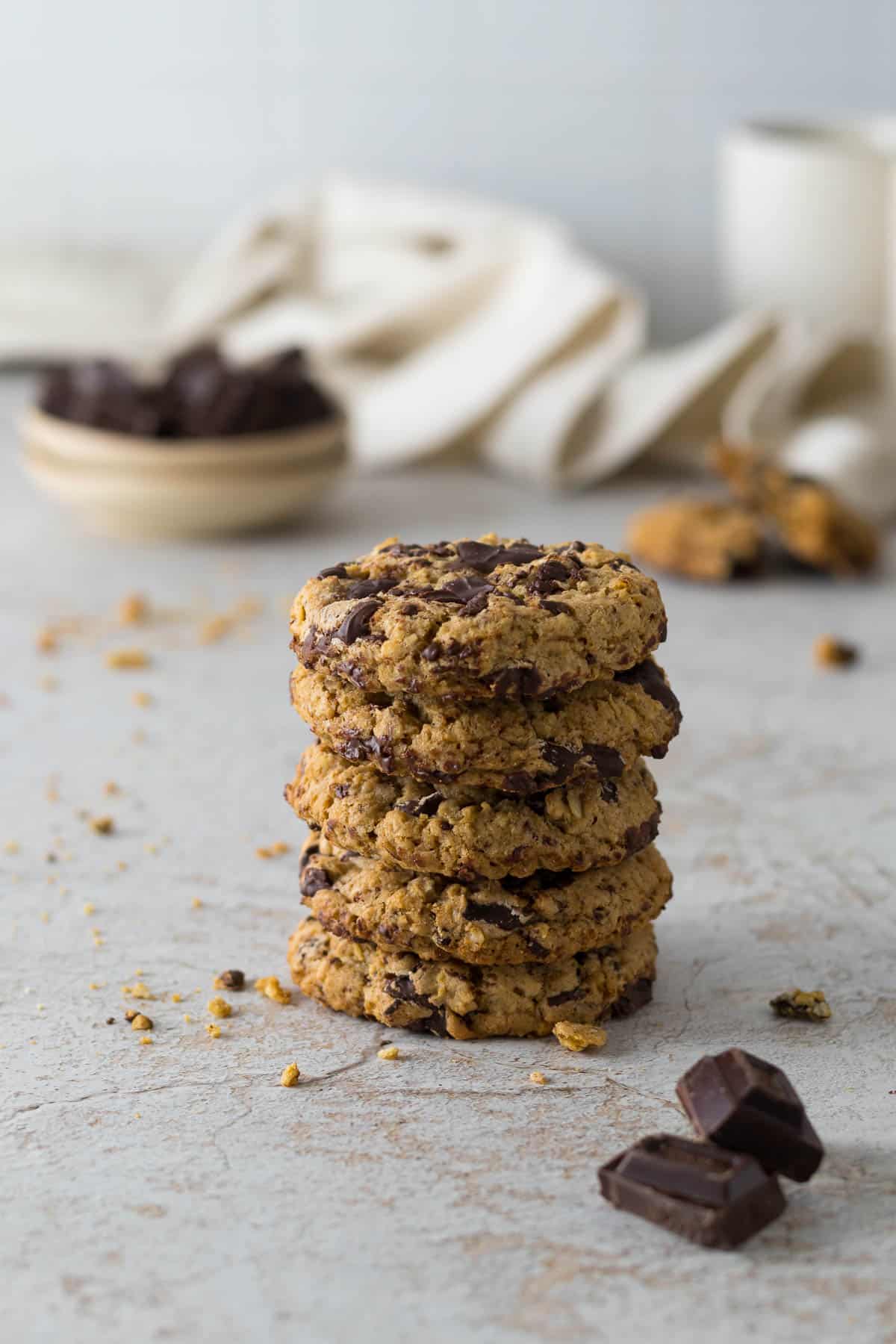 Stack of chocolate chip oatmeal cookies.