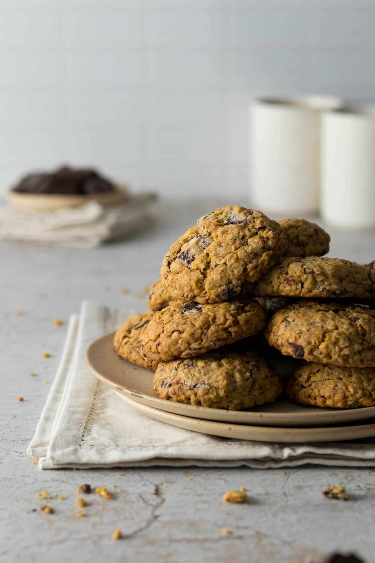 Plate of chocolate chip oatmeal copies with 25% less sugar.