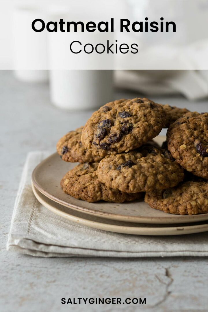 Pin - Oatmeal and Raisin cookies on a plate.
